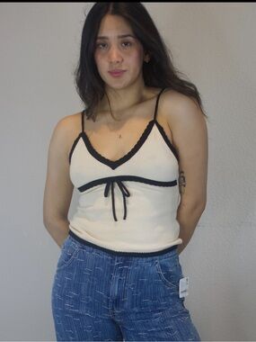 Another Girl Cream and Black Trim Cami Knit Top M